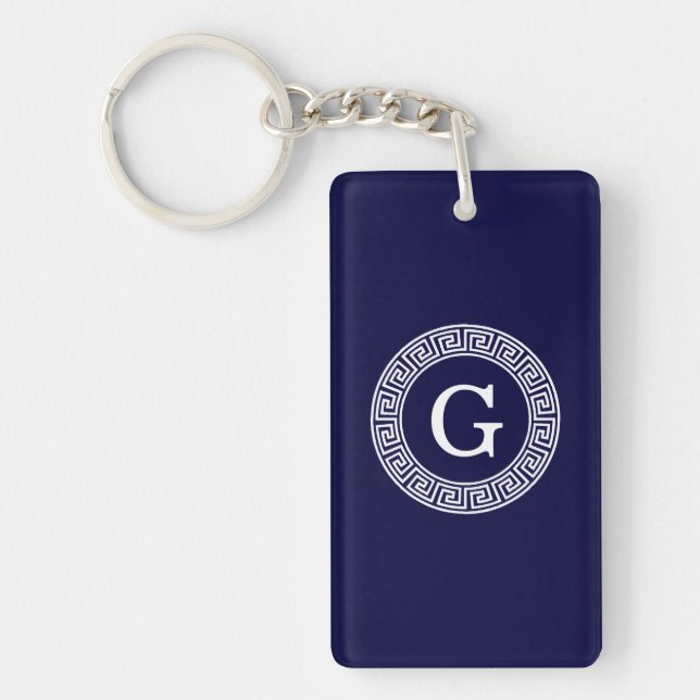 Navy Blue Wht Greek Key Rnd Frame Initial Monogram Key Ring (Front)