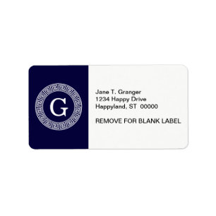 Navy Blue Wht Greek Key Rnd Frame Initial Monogram Label