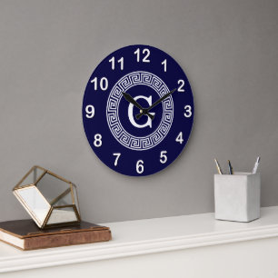 Navy Blue Wht Greek Key Rnd Frame Initial Monogram Large Clock
