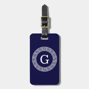 Navy Blue Wht Greek Key Rnd Frame Initial Monogram Luggage Tag