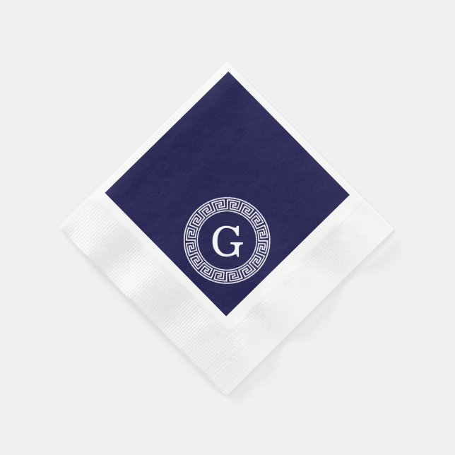 Navy Blue Wht Greek Key Rnd Frame Initial Monogram Napkin (Corner)