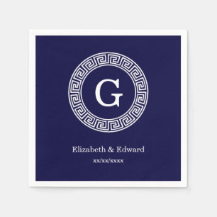 Navy Blue Wht Greek Key Rnd Frame Initial Monogram Napkin