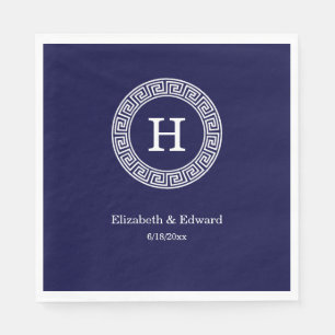 Navy Blue Wht Greek Key Rnd Frame Initial Monogram Napkin