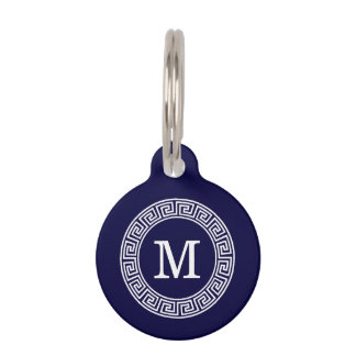 Navy Blue Wht Greek Key Rnd Frame Initial Monogram Pet Tag