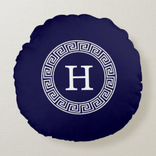 Navy Blue Wht Greek Key Rnd Frame Initial Monogram Round Cushion