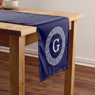 Navy Blue Wht Greek Key Rnd Frame Initial Monogram Short Table Runner