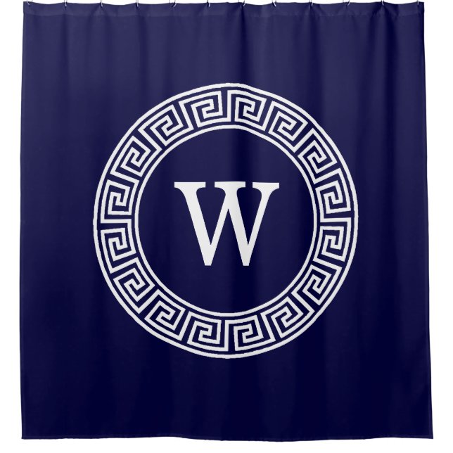 Navy Blue Wht Greek Key Rnd Frame Initial Monogram Shower Curtain (Front)