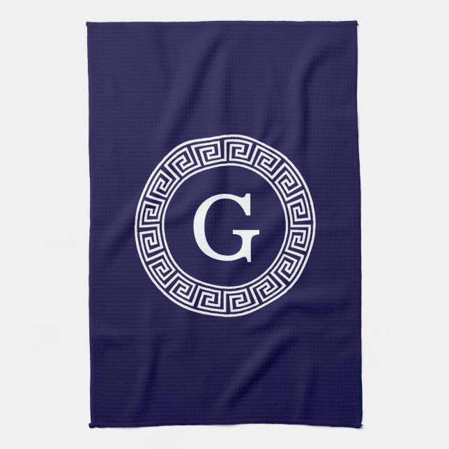 Navy Blue Wht Greek Key Rnd Frame Initial Monogram Tea Towel (Vertical)