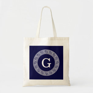 Navy Blue Wht Greek Key Rnd Frame Initial Monogram Tote Bag
