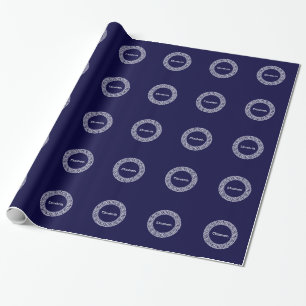 Navy Blue Wht Greek Key Rnd Frame Initial Monogram Wrapping Paper