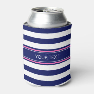 Navy Blue Wht Horiz Stripe Hot Pink Name Monogram Can Cooler