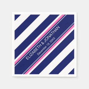 Navy Blue Wht Horiz Stripe Hot Pink Name Monogram Napkin