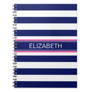 Navy Blue Wht Horiz Stripe Hot Pink Name Monogram Notebook