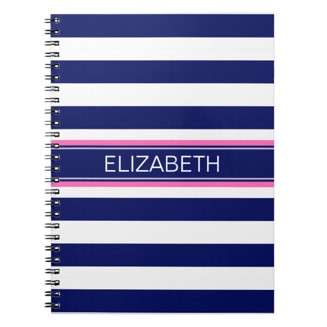 Navy Blue Wht Horiz Stripe Hot Pink Name Monogram Notebook (Front)