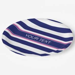 Navy Blue Wht Horiz Stripe Hot Pink Name Monogram Paper Plate