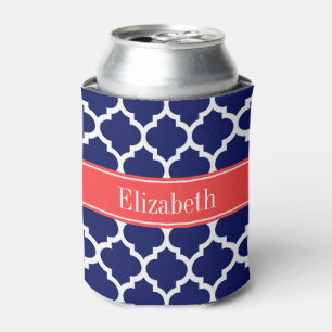 Navy Blue Wht Moroccan #5 Coral Red Name Monogram Can Cooler