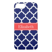 Navy Blue Wht Moroccan #5 Coral Red Name Monogram