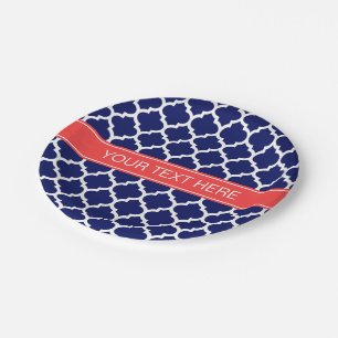 Navy Blue Wht Moroccan #5 Coral Red Name Monogram Paper Plate