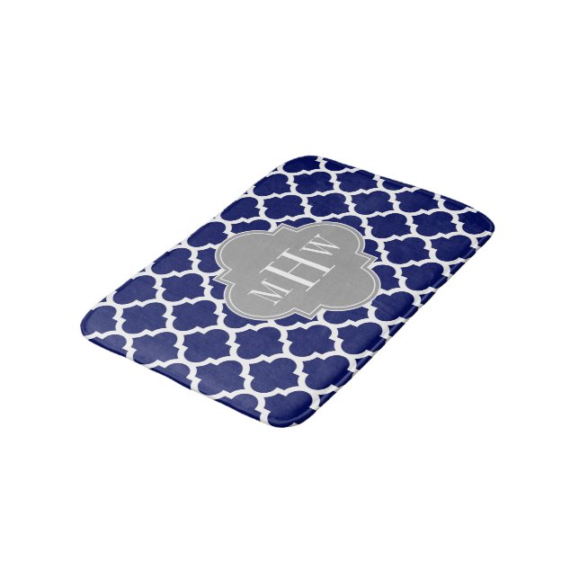 Navy Blue Wht Moroccan #5 Grey 3 Initial Monogram Bath Mat (Angled)