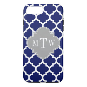 Navy Blue Wht Moroccan #5 Grey 3 Initial Monogram iPhone 8 Plus/7 Plus Case