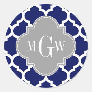 Navy Blue Wht Moroccan #5 Grey 3 Initial Monogram Classic Round Sticker