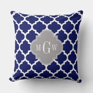 Navy Blue Wht Moroccan #5 Grey 3 Initial Monogram Cushion
