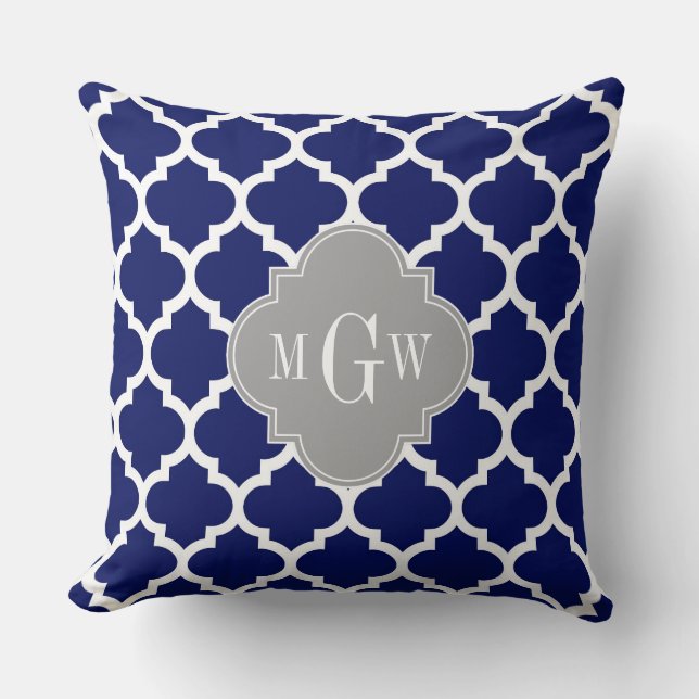 Navy Blue Wht Moroccan #5 Grey 3 Initial Monogram Cushion (Front)