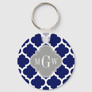 Navy Blue Wht Moroccan #5 Grey 3 Initial Monogram Key Ring