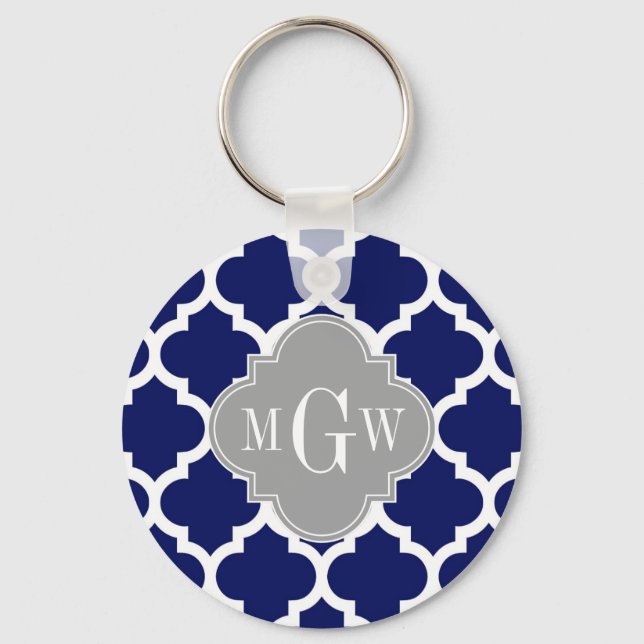 Navy Blue Wht Moroccan #5 Grey 3 Initial Monogram Key Ring (Front)