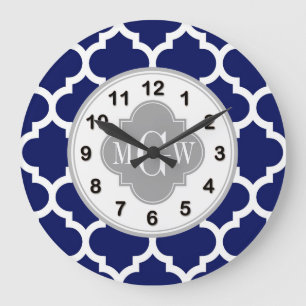 Navy Blue Wht Moroccan #5 Grey 3 Initial Monogram Large Clock