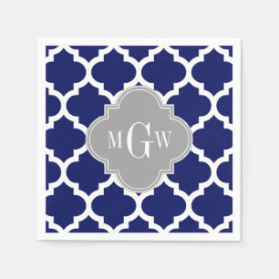 Navy Blue Wht Moroccan #5 Grey 3 Initial Monogram Napkin