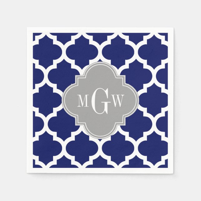 Navy Blue Wht Moroccan #5 Grey 3 Initial Monogram Napkin (Front)