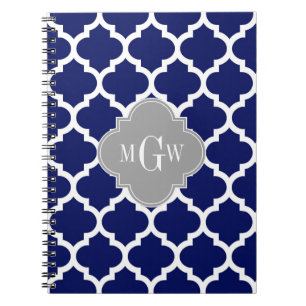Navy Blue Wht Moroccan #5 Grey 3 Initial Monogram Notebook