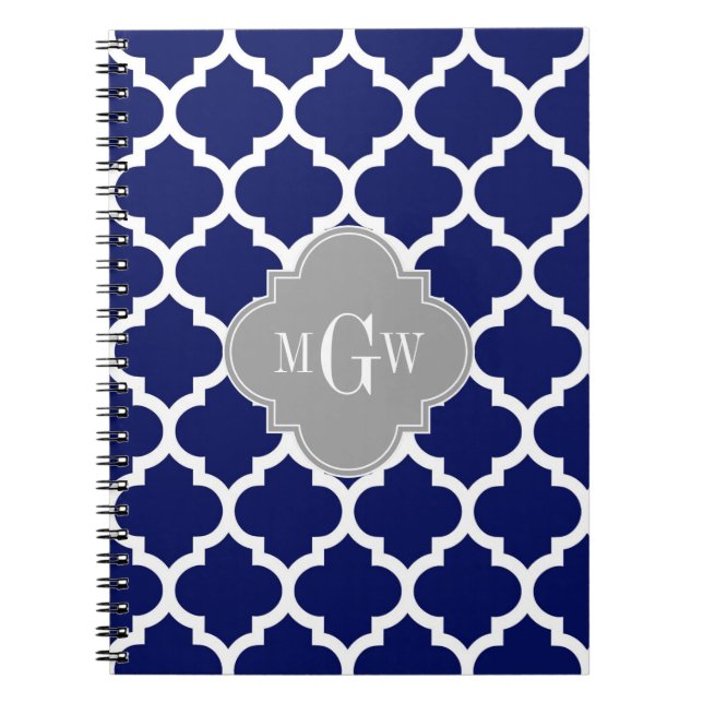 Navy Blue Wht Moroccan #5 Grey 3 Initial Monogram Notebook (Front)