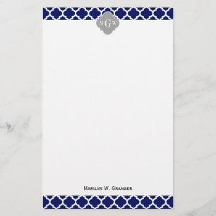 Navy Blue Wht Moroccan #5 Grey 3 Initial Monogram Stationery