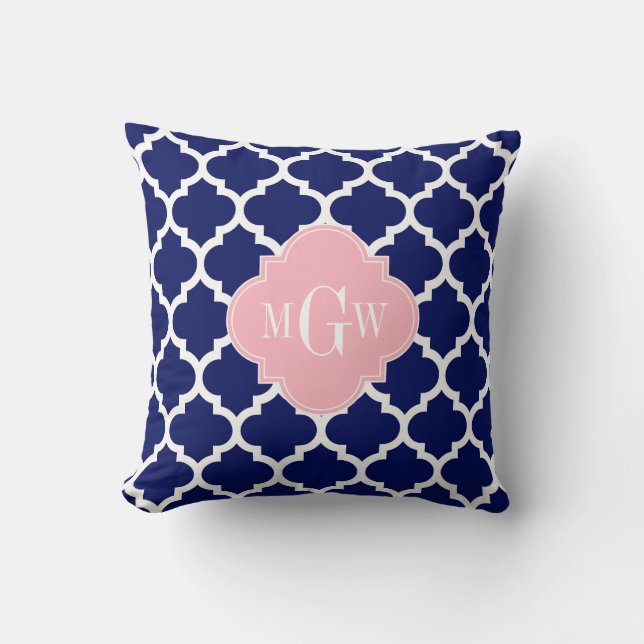 Navy Blue Wht Moroccan #5 Pink 3 Initial Monogram Cushion (Front)