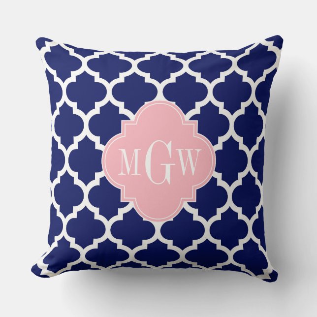 Navy Blue Wht Moroccan #5 Pink 3 Initial Monogram Cushion (Front)