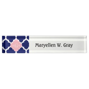 Navy Blue Wht Moroccan #5 Pink 3 Initial Monogram Nameplate