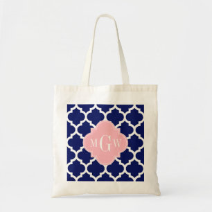 Navy Blue Wht Moroccan #5 Pink 3 Initial Monogram Tote Bag
