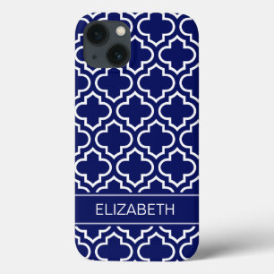 Navy Blue Wht Moroccan #6 Navy Blue Name Monogram iPhone 13 Case