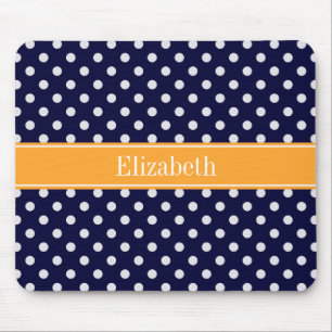 Navy Blue Wht Polka Dots Cantaloupe Name Monogram Mouse Pad