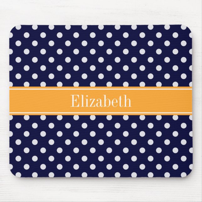 Navy Blue Wht Polka Dots Cantaloupe Name Monogram Mouse Pad (Front)