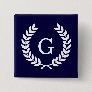 Navy Blue Wht Wheat Laurel Wreath Initial Monogram 15 Cm Square Badge