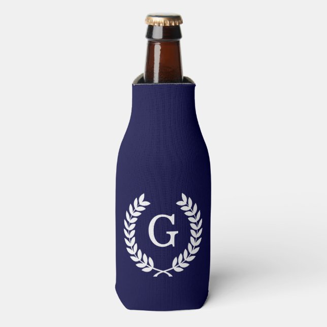 Navy Blue Wht Wheat Laurel Wreath Initial Monogram Bottle Cooler (Bottle Front)