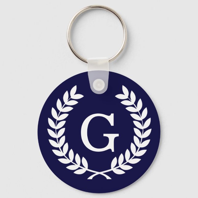 Navy Blue Wht Wheat Laurel Wreath Initial Monogram Key Ring (Front)
