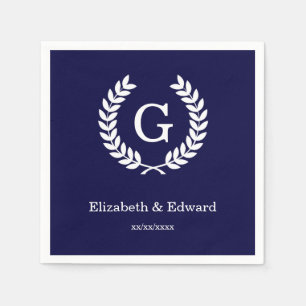 Navy Blue Wht Wheat Laurel Wreath Initial Monogram Napkin