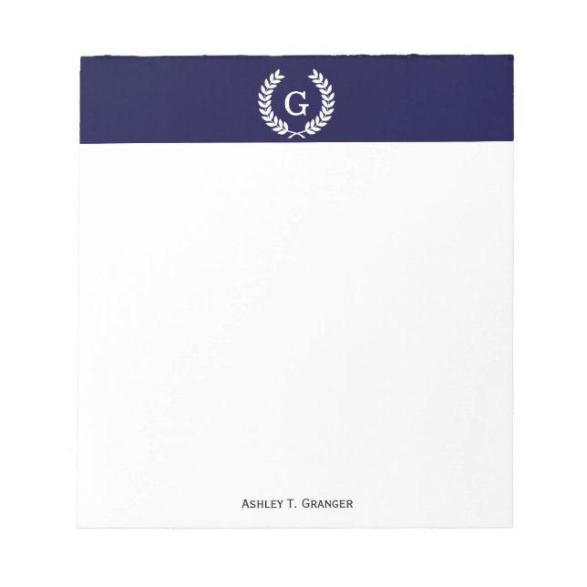 Navy Blue Wht Wheat Laurel Wreath Initial Monogram Notepad (Front)