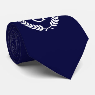Navy Blue Wht Wheat Laurel Wreath Initial Monogram Tie