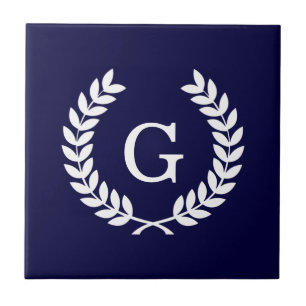 Navy Blue Wht Wheat Laurel Wreath Initial Monogram Tile