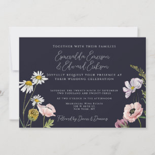 Navy Blue Wild Flower Garden Wedding Invitation